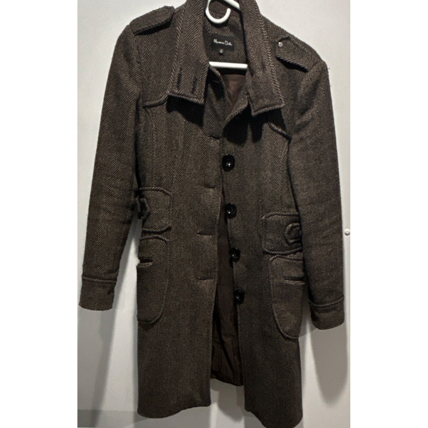 Massimo Dutti Brown Herringbone Button Overcoat Epaulet 42 Women's Mid-Length
